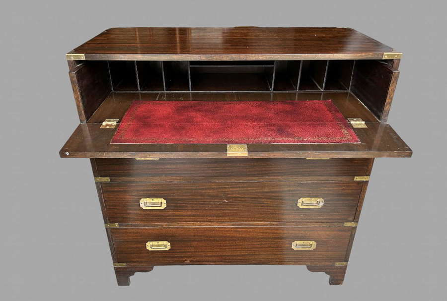 A Mahogany Veneer Campaign Style Secretaire/Chest of Drawers
