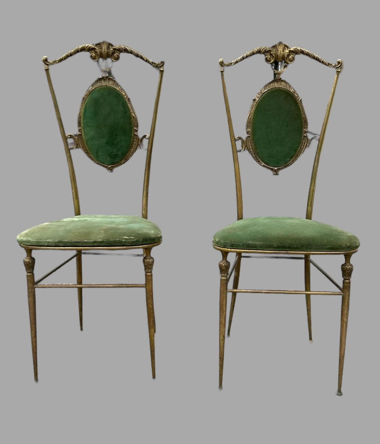 Pair 1950's Italian Chiavari Ornate Brass Hollywood Regency Chairs