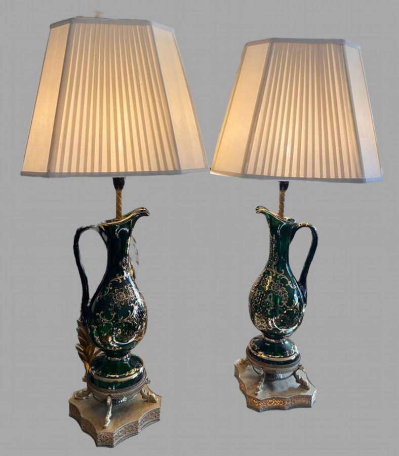 A Pair of Bohemian Green Glass Claret Jug Lamps