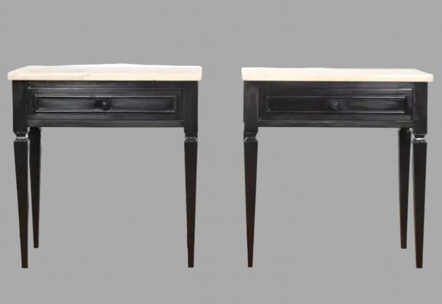 A Pair Of Marble Topped Ebonised Side/Bedside Tables