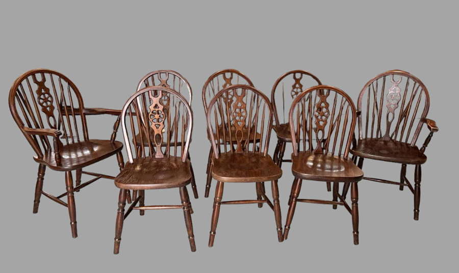 A Set Eight Dark Beech Windsor Wheelback Kitchen/Dining Chairs