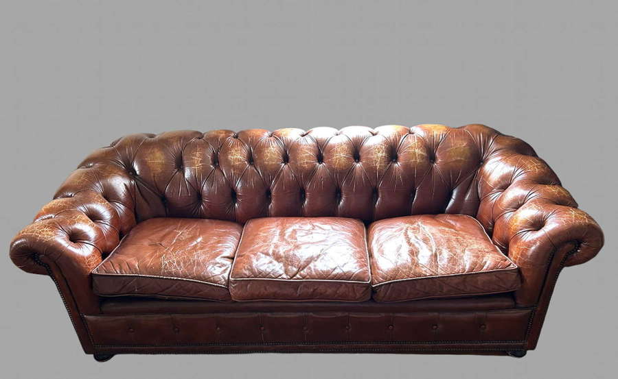 A MId Century Three Seater Leather Brown Chesterfield
