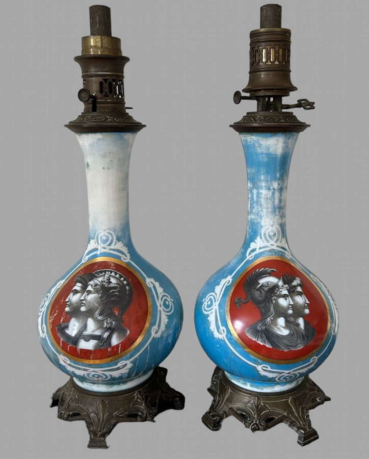 An Attractive Pair of Opaline Glass European Oil Lamps