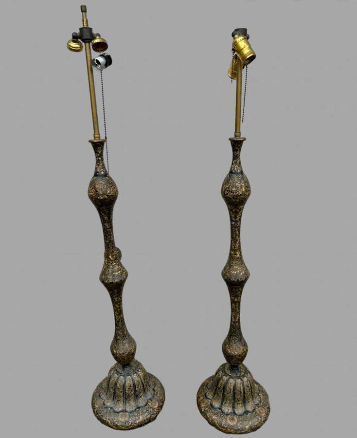 A Pair of Unusual and Attractive Brass Painted Lamps