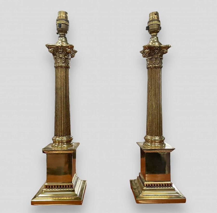 A Pair of Mid-Century Corinthian Column Brass Table Lamps