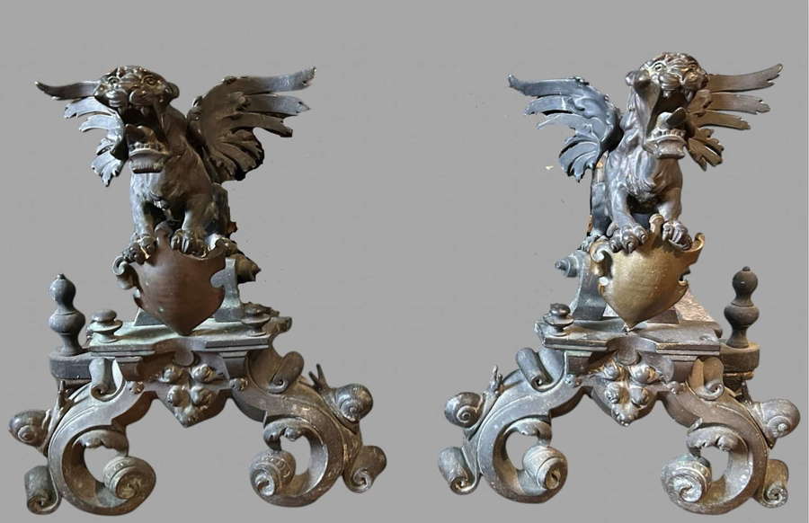 A Pair Of Fabulous Old Nickel over Bronze Andirons
