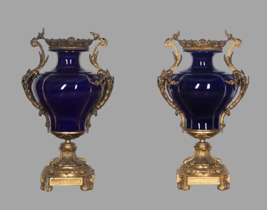 A Pair of 19th Century Quality Blue Ceramic and Ormolu Vases