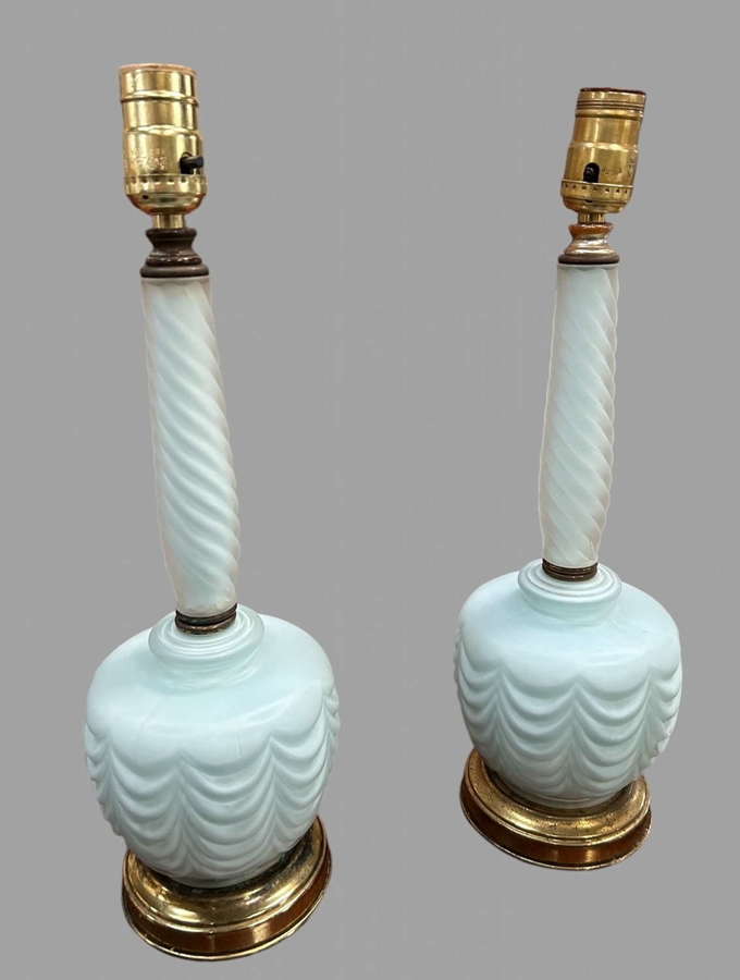 A Pair Of Eau De Nil Drape Glass Lamps