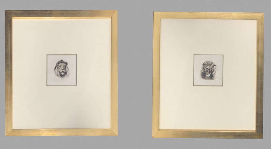 Herbert Dicksee Pair Rare Miniature Etchings Lion and Tigress