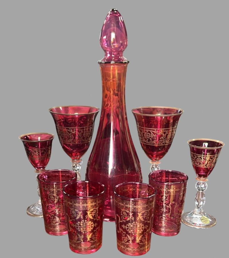 An Italian Hand Made and Etched Set of Glasses and Decanter