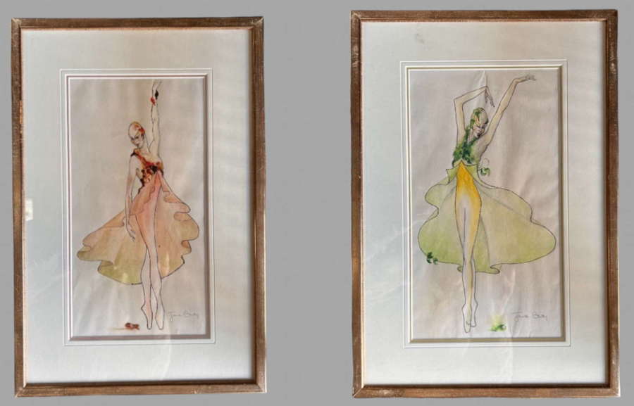 A Pair of Vintage Fashion Pen, Ink and Watercolour Paintings
