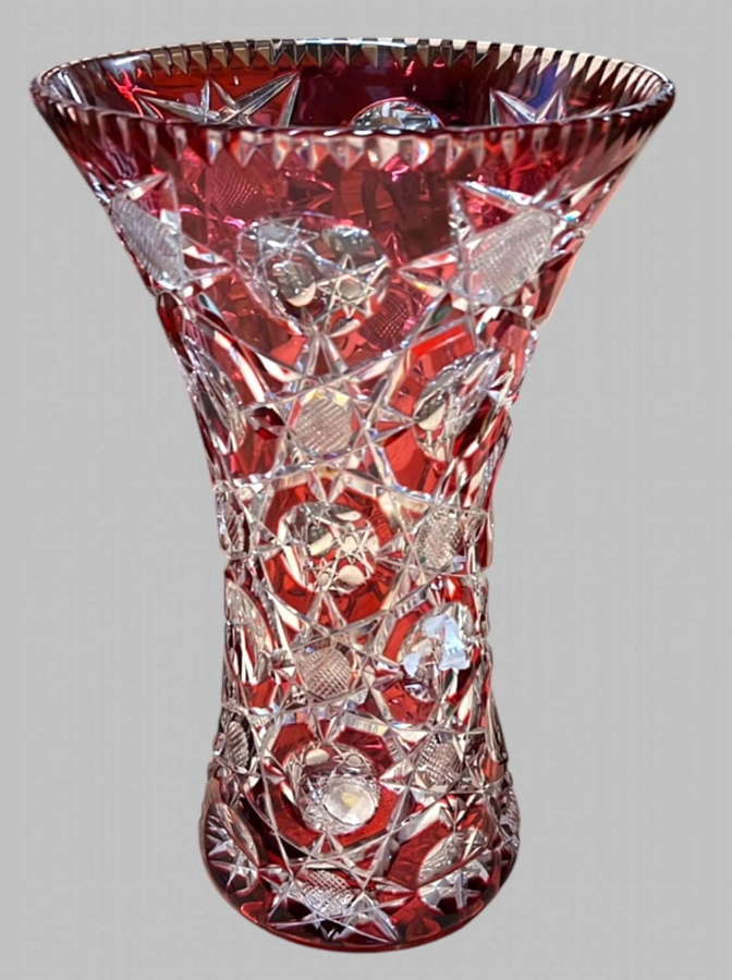 An Attractive Cranberry Overlaid Hand Cut Crystal Vase
