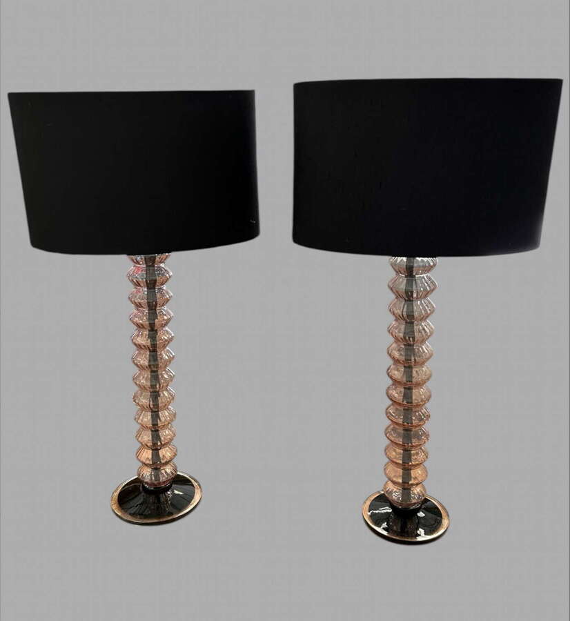 A Striking Pair of Murano Glass Table Lamps with Black Silk Shades