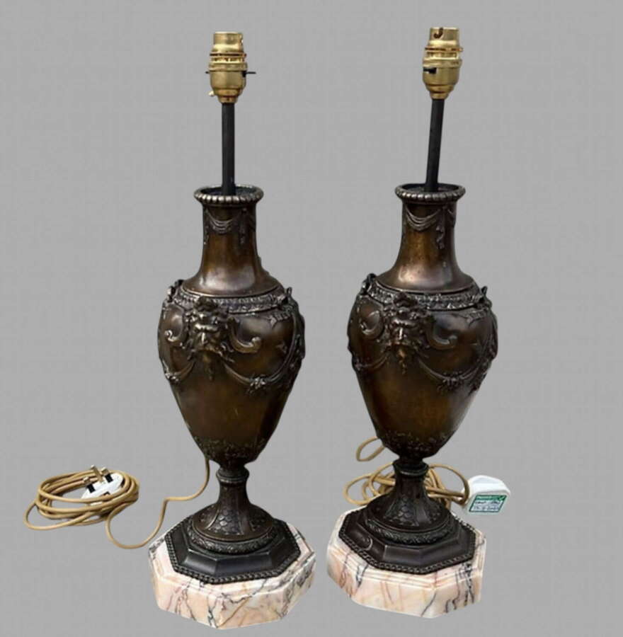 Early C20th Ornate French Bronze Lamps with Marble Bases