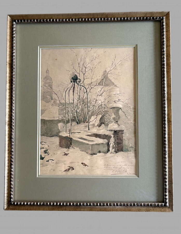 French Winter Courtyard Scene, 1903 &ndash; Watercolour by Ernest Designolle