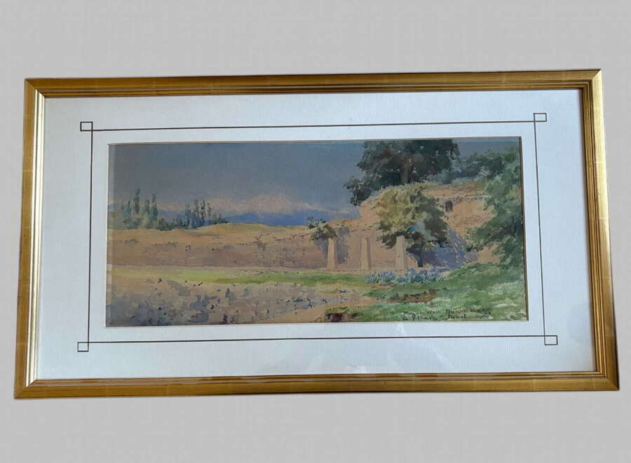 G Villiers Stuart - Watercolour of Mughul Wall, Nasim Bagh (Garden of Breezes) in Kashmir,