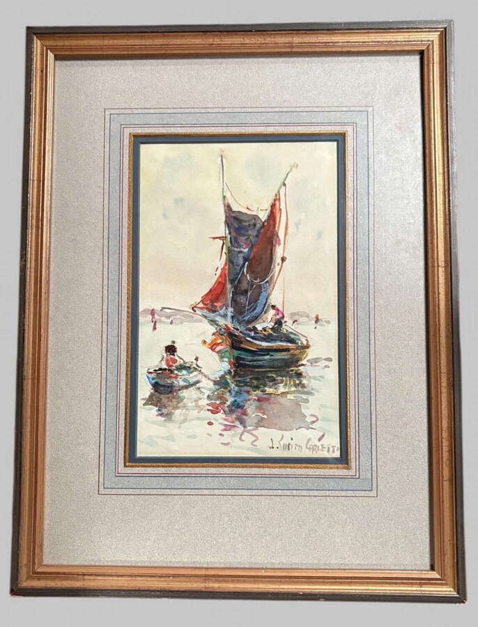 J. Lucien Grellet (French)  -  Colourful Watercolour Harbour Scene