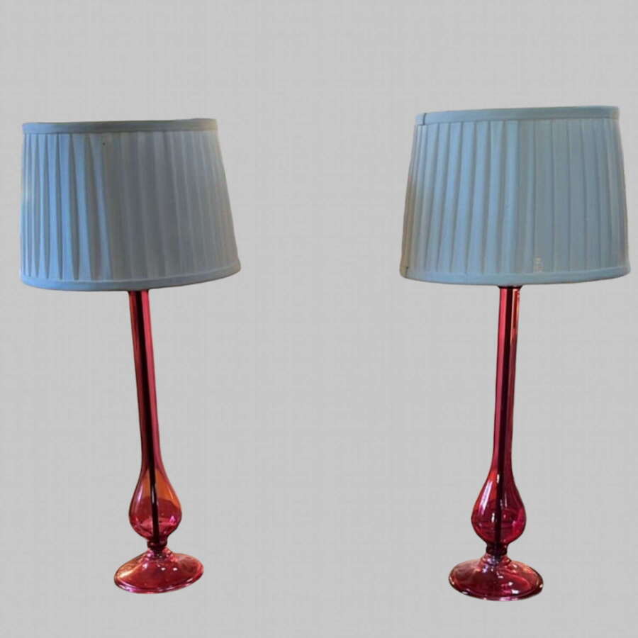 Pair of Tall Ruby Glass Table Lamps by D&auml;r &ndash; With Shades
