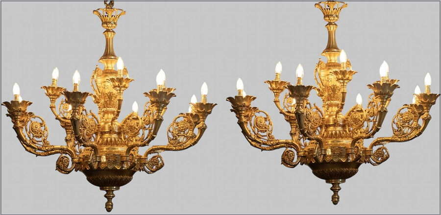 A Fabulous Impressive Pair of C1940 Gold Plated Chandeliers