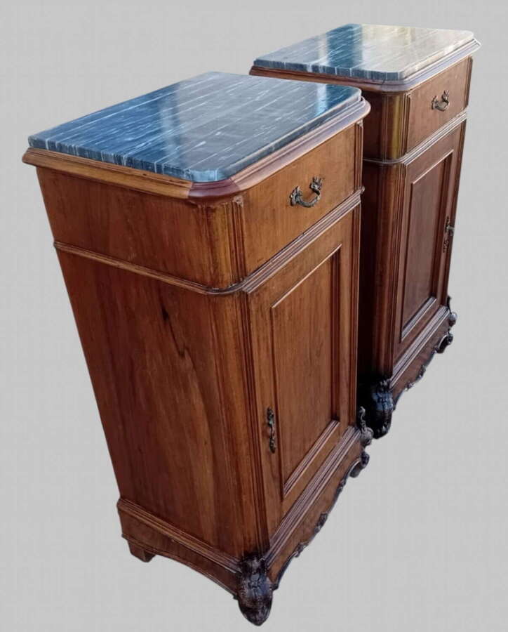Pair of French Walnut & Belgian &ldquo;Sainte-Anne&rdquo; Marble Bedside Cabinets