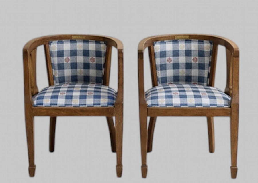 Pair of Arts & Crafts Oak Tub Armchairs &ndash; Dated 1931, Newly Upholstered