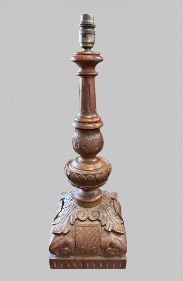 Carved Oak Table Lamp Base with Heraldic Shield &ndash; Mid Century / Gothic Revival I