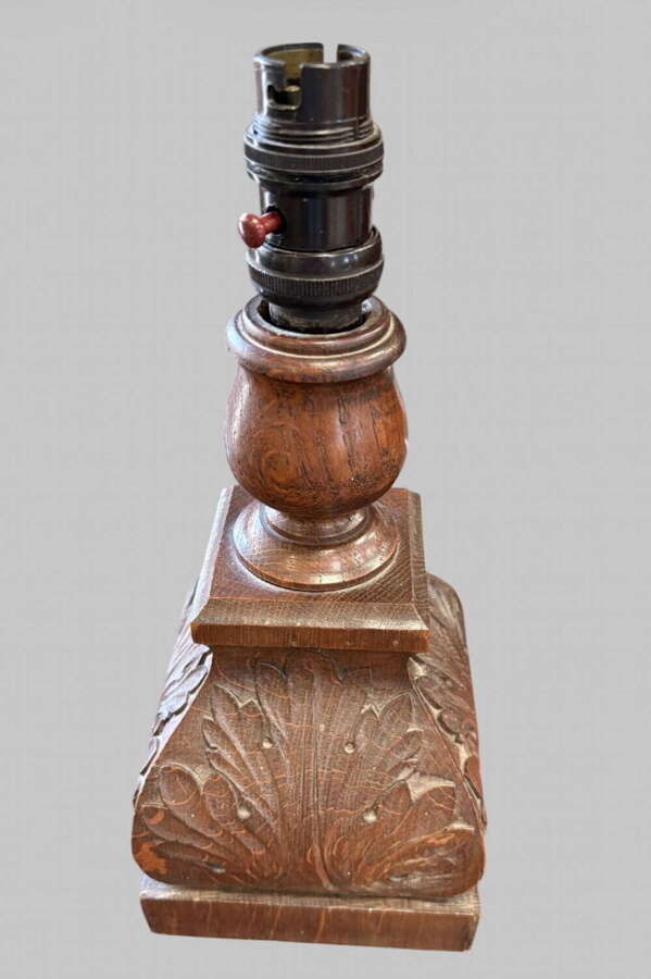 Carved Oak Table Lamp Base with Stylised Leaf Motif &ndash; Arts & Crafts Influence