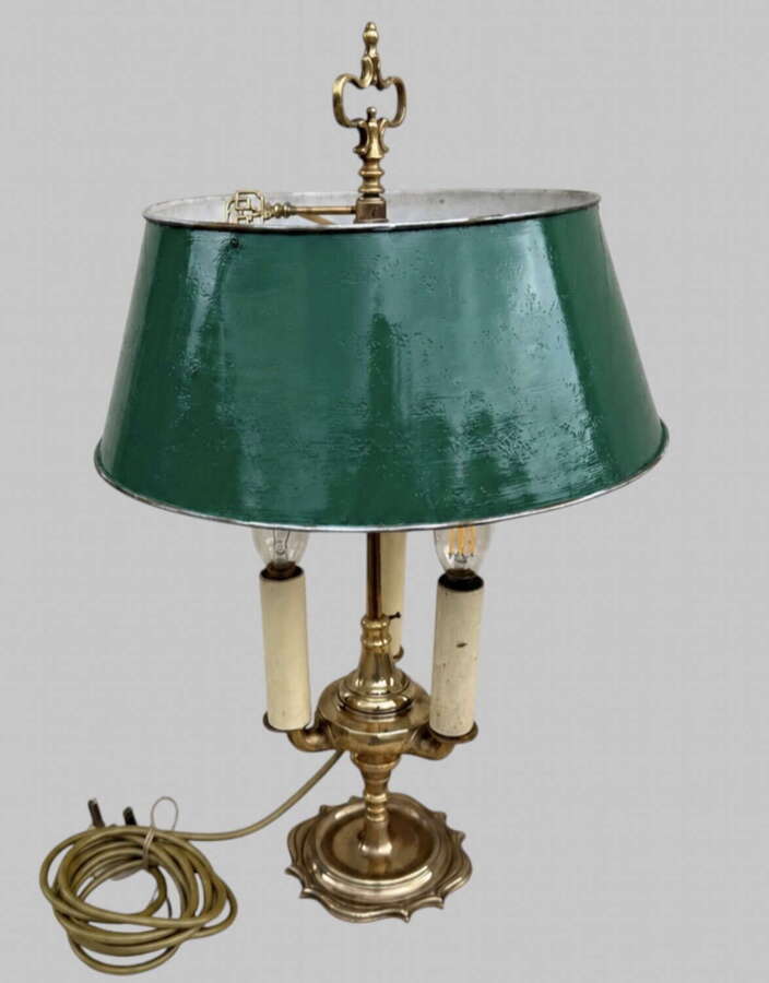 Vintage Brass Bouillotte Style Table Lamp with Green Tole Shade