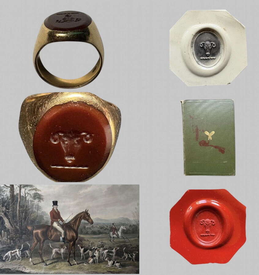 19ct Gold Signet Ring, 2 Wax Seals, Aquatint and Book relating to John 'Mad Jack' Mytton