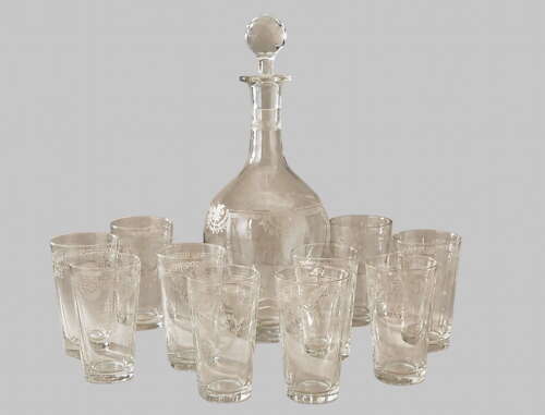 Attributed to Saint Louis “Manon” Crystal Decanter Set with Ten Tumblers