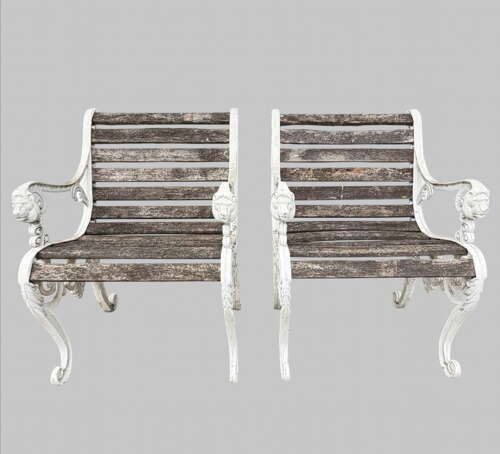 A Pair of Lion Mask Cast Iron Garden Armchairs c1930's