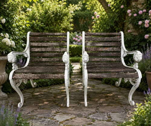 A Pair of Lion Mask Cast Iron Garden Armchairs c1930's