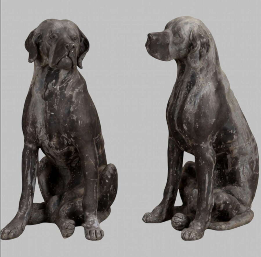 Pair of Life-Size English Cast Lead Seated Hounds English, circa 1920