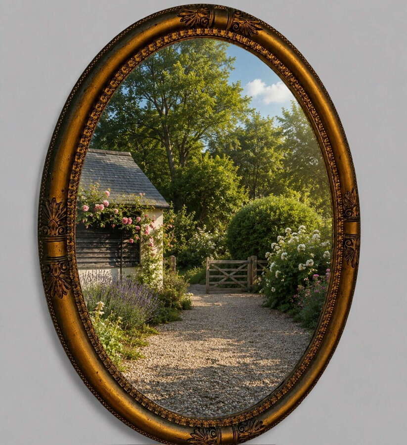 Mid-Century Neoclassical Gilt Oval Wall Mirror with Original Bevelled Glass