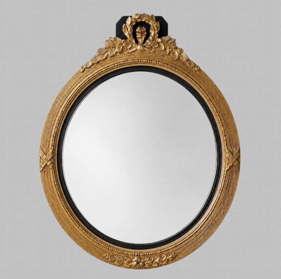 Mid-Century Regency Style Gilt Convex Bullseye Mirror with Laurel Crest