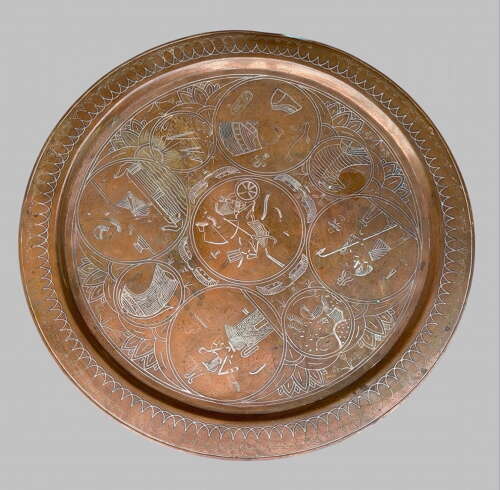Egyptian Revival Engraved Copper Tray Table on Stand