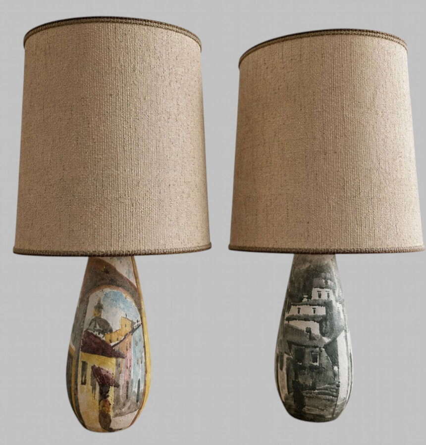 Pair of Signed Italian Hand-Painted Ceramic Table Lamps