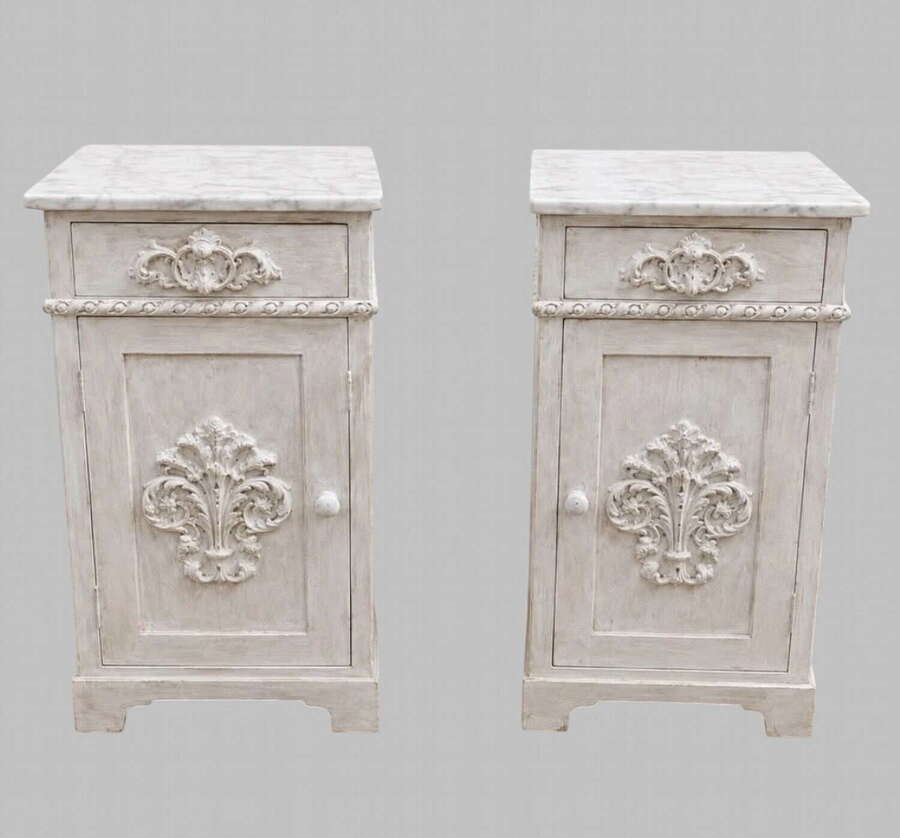 Pair of French Painted Bedside Cabinets with Marble Tops, c.1900