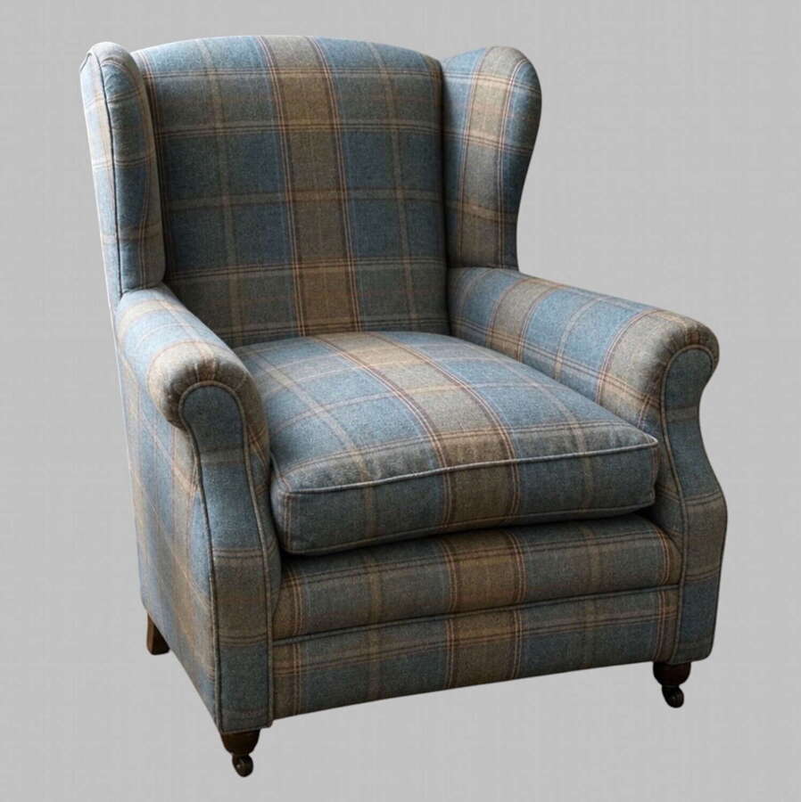 1930s English Wingback Armchair in Mulberry Shetland Plaid Teal