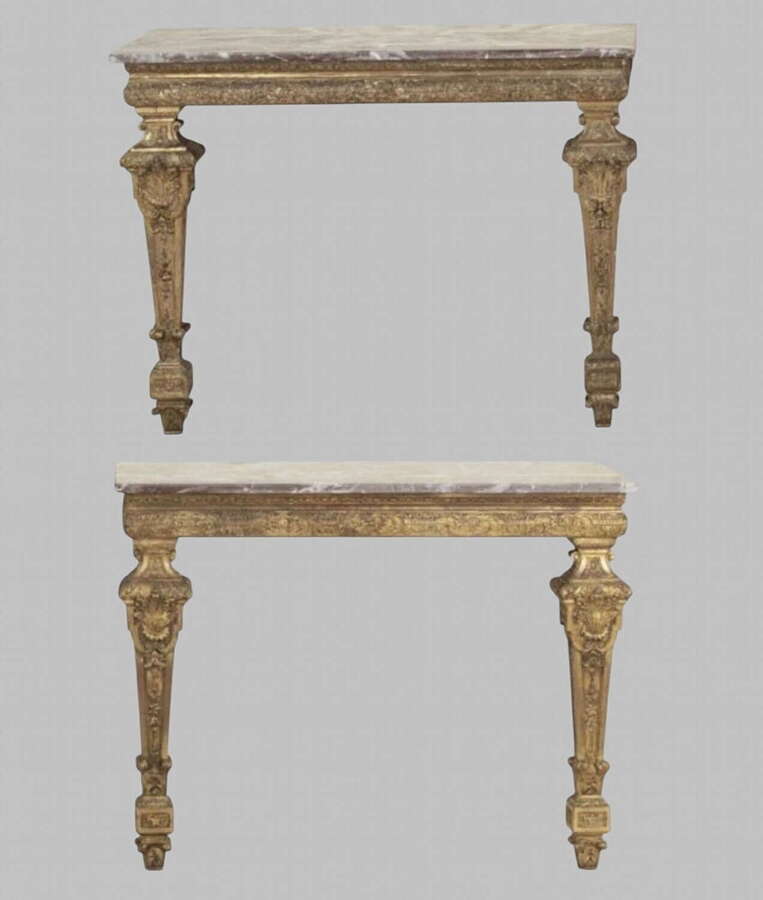Pair of 19th-Century Italian Giltwood Console Tables with Rouge Marble Tops