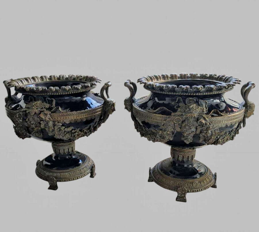 A Very Attractive Pair of 19th Century French Blue Ceramic Jardini&egrave;r's