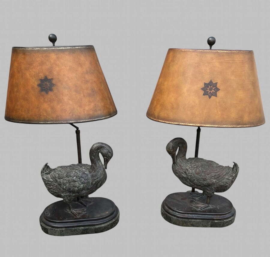 A Fabulous Pair of Patinated Metal Duck Table Lamps on Marble Base