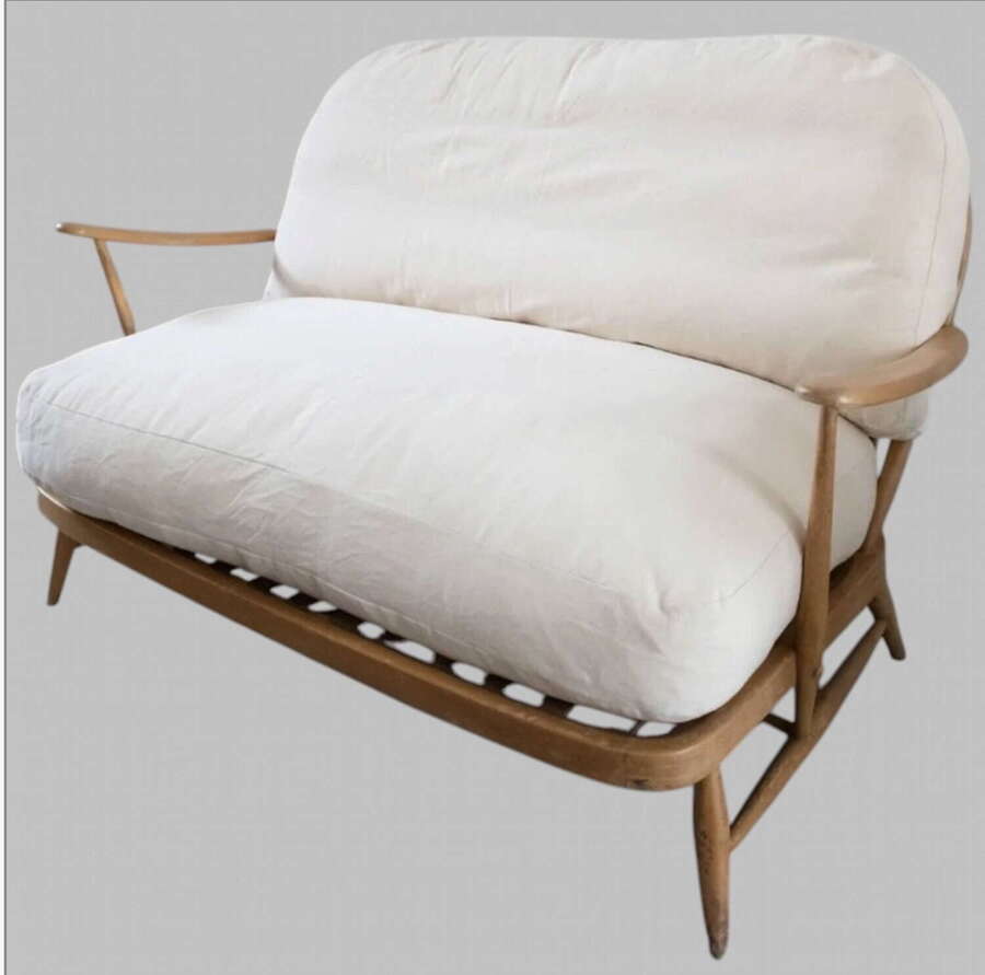 Ercol Windsor Two-Seater Sofa in Solid Ash with French Linen Upholstery