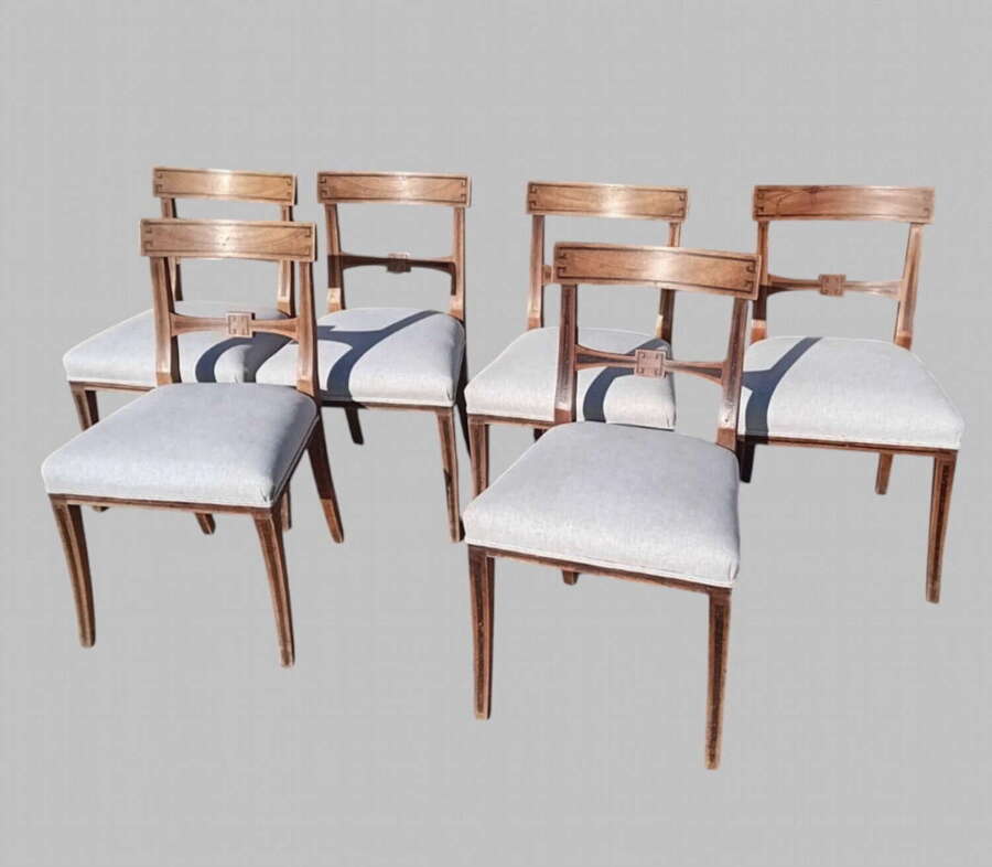Set of Six Late 19th Century Mahogany Dining Chairs with Geometric Marquetry Inlay