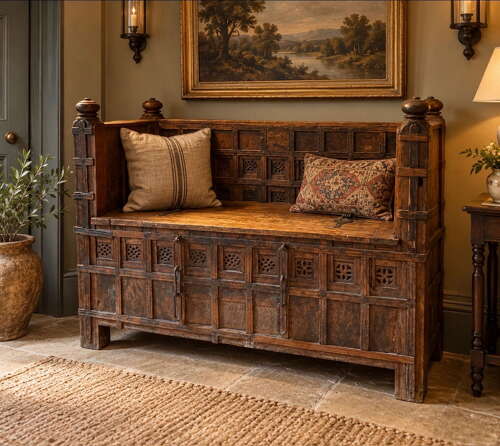 An Indian Carved Hardwood Storage Bench with Hinged Seat, Late 19th / Early 20th Century
