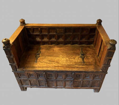 An Indian Carved Hardwood Storage Bench with Hinged Seat, Late 19th / Early 20th Century