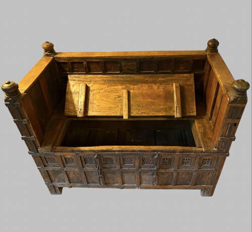 An Indian Carved Hardwood Storage Bench with Hinged Seat, Late 19th / Early 20th Century